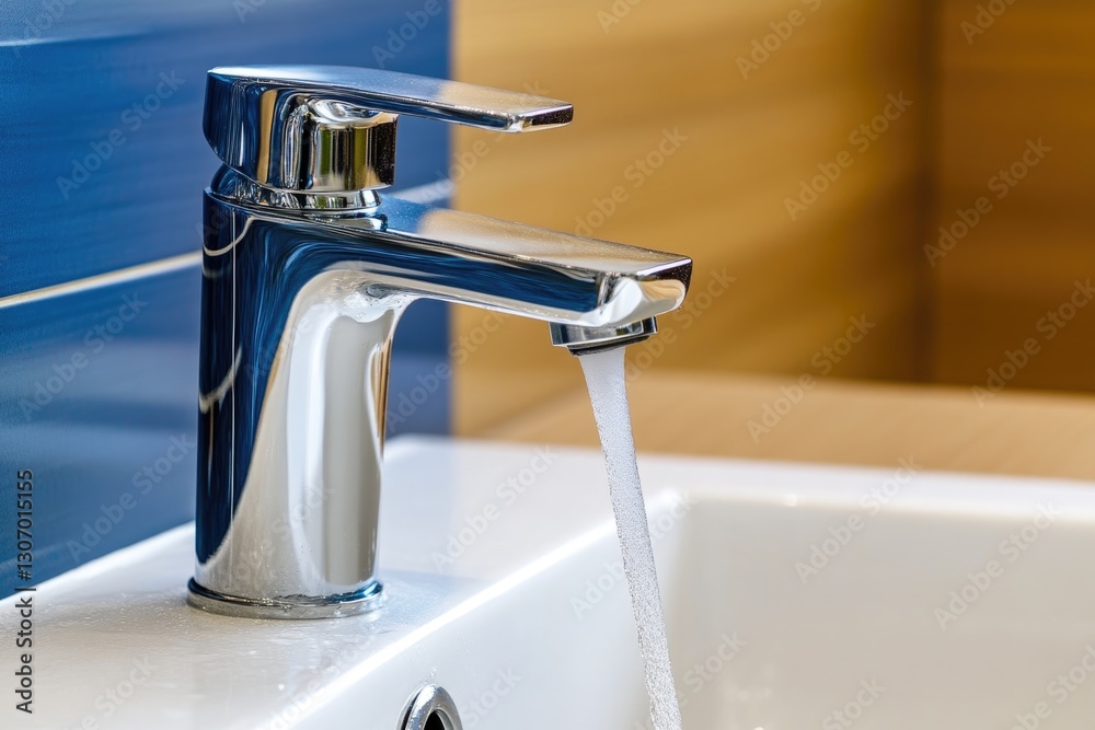 Freshwater pouring from chrome tap to bathroom sink Freshwater pouring from chrome tap to bathroom sink