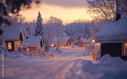 Snowy village street at sunset, houses glow warmly.