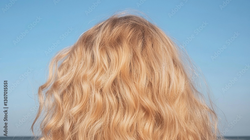 Naklejka premium Close-up of the back of a woman's head. the hair is long and wavy, with a golden blonde color. the background is a clear blue sky and the ocean can be seen in the distance.