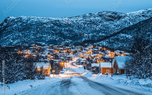 Snowy village nestled in mountains at twilight.