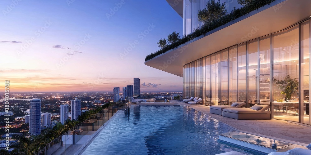 Fototapeta premium Luxury high-rise with rooftop infinity pool, overlooking the skyline