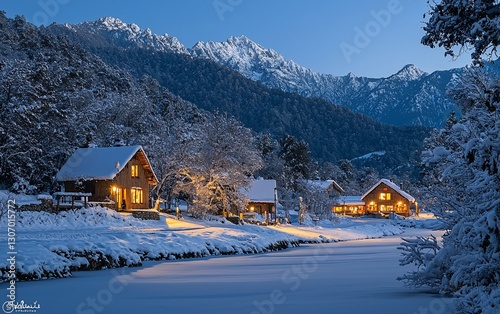 Snowy mountain village at twilight. (1)