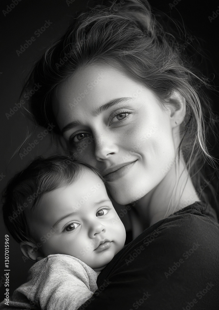 Black and white portrait, mother looking at her baby with a loving gaze, strong contrast emphasizing emotions Black and white portrait, mother looking at her baby with a loving gaze, strong contrast emphasizing emotions
