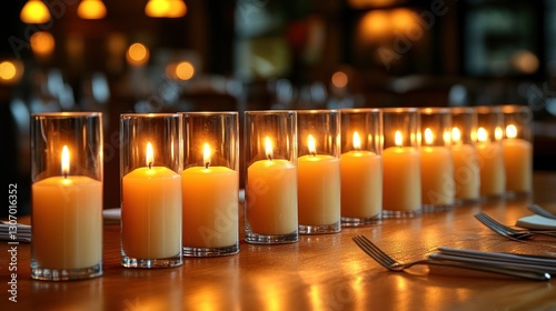 Restaurant table setting with candles, warm ambiance photo