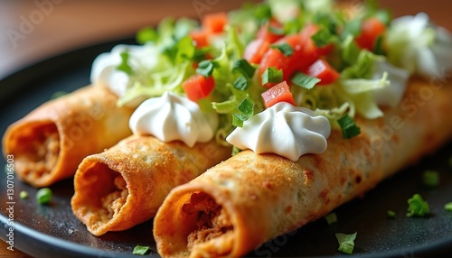 Close-up of flautas Mexican dish. Fried rolled tortillas filled chicken, topped lettuce, crema, salsa. Crispy snack, gold gilding. Traditional authentic Mexican gourmet cuisine meal.