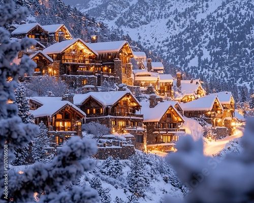 Snowy mountain village at night with illuminated chalets.