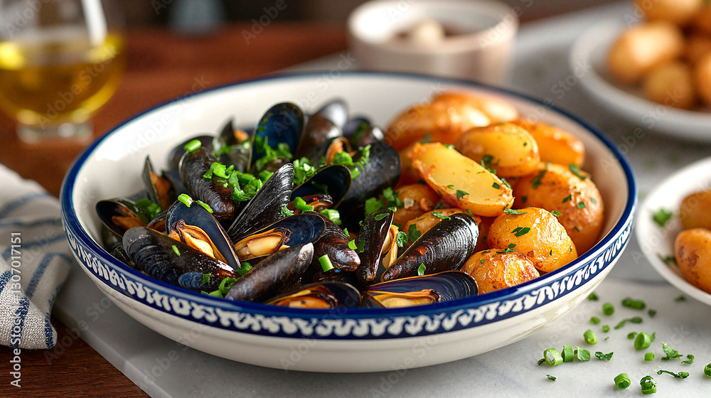 Mussels and potatoes in rustic style with dark and earthy colors for dinner meal. Mussels and potatoes in rustic style with dark and earthy colors for dinner meal.