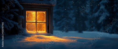 Illuminated window in snowy winter night.