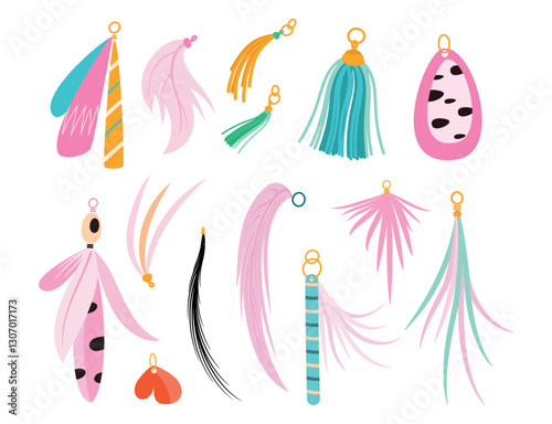 Decorative keychains and pendants for bags backpack and wallets. Feather pendant, stylish bag accessories. Fashion girly elements, vector clipart