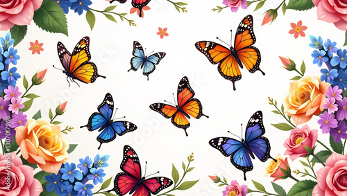 Fluttering Butterflies on Blossoms - A seamless pattern of colorful butterflies hovering over blooming flowers.