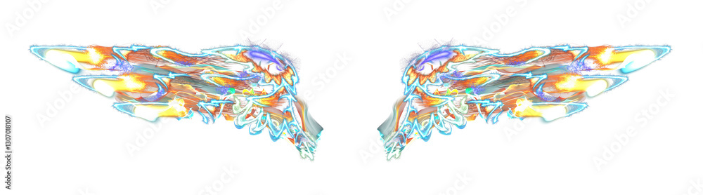 Fototapeta premium Transparent, luminous, iridescent wings. Abstract glowing stylized wings, isolated. Neon glow wing. png illustration.