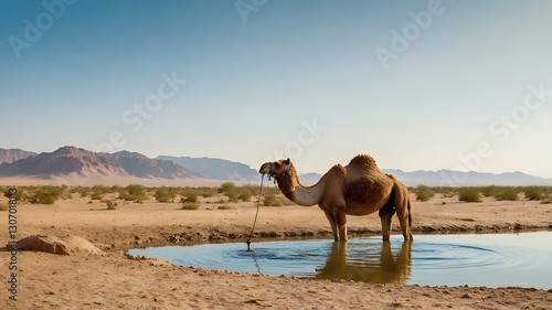 Camel in a lake in the desert photo