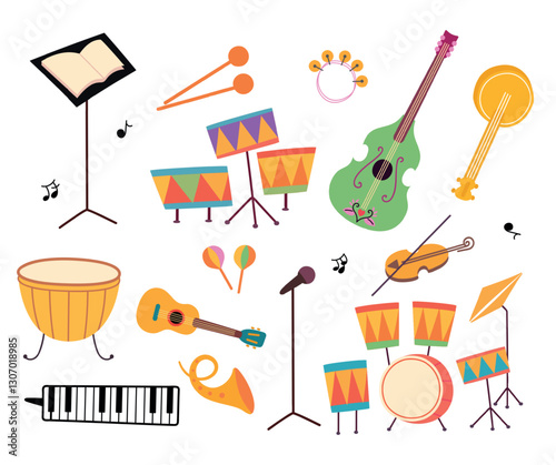 Musical instruments. Isolated cartoon abstract instrument. Guitar, violin, drums, cello, clarinet. Music stand and microphone on a stand, vector clipart