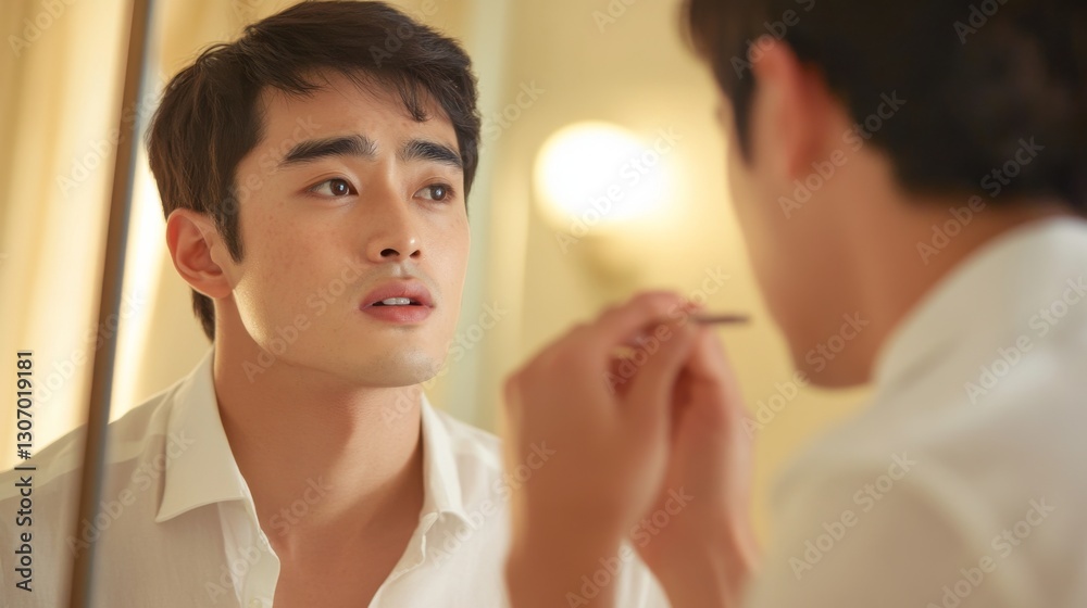 Young Man Grooming and Preparing for Day in Cozy Bathroom Young Man Grooming and Preparing for Day in Cozy Bathroom