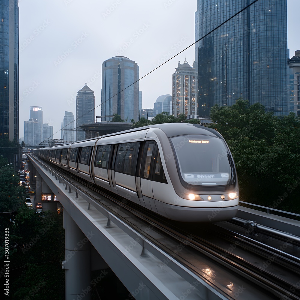 Fototapeta premium Modern train speeds through city, elevated track, dawn, urban commute