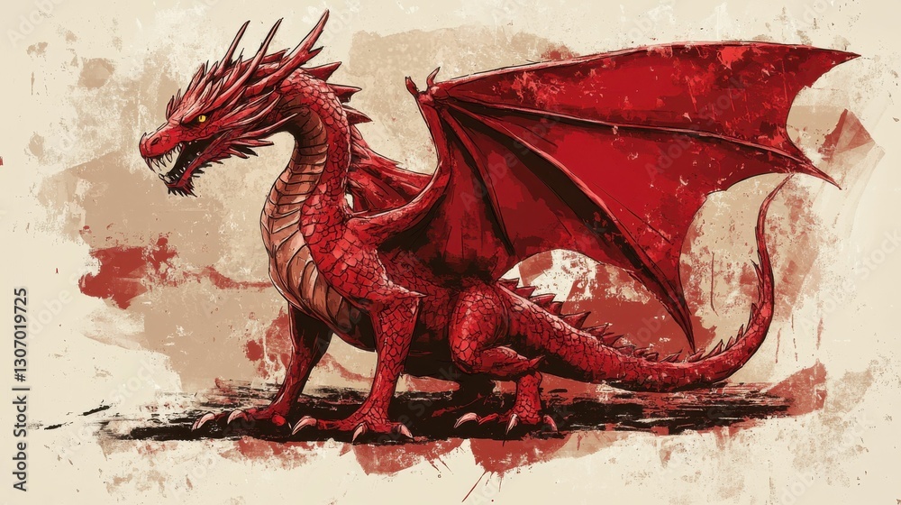Welsh Dragon Emblem with Bevel Effect in Patriotic Red Illustration Welsh Dragon Emblem with Bevel Effect in Patriotic Red Illustration