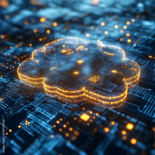 Cloud computing concept, glowing cloud shape on circuit board, technological background.  Use Digital marketing or business presentation