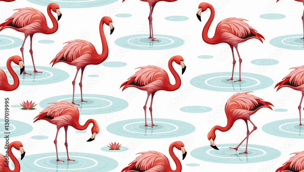 Fototapeta premium Flamingos in Shallow Waters - A seamless pattern of flamingos wading and preening in reflective pools.