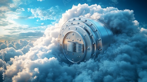 Secure vault resting on a fluffy digital cloud highlighting cloud storage solutions