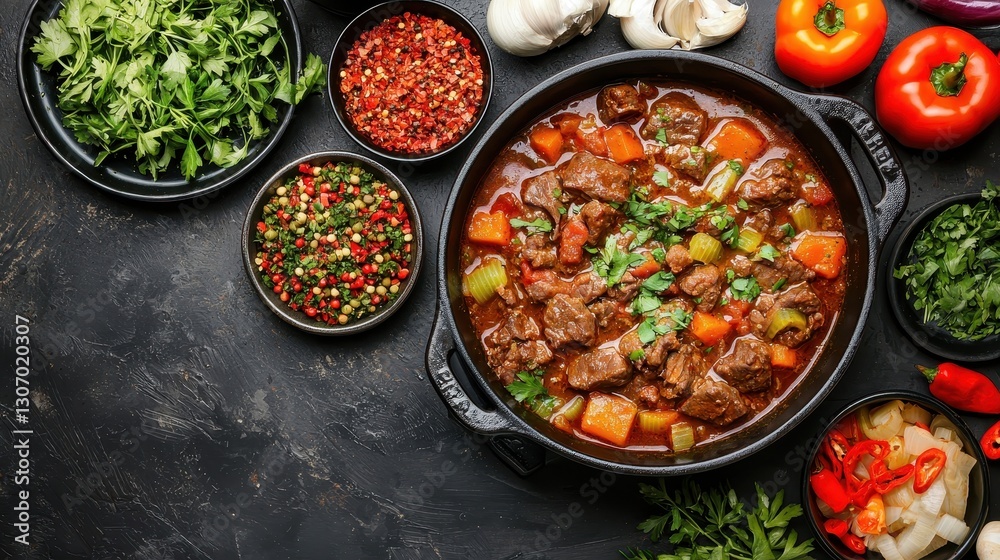 Hearty beef stew with fresh vegetables and spices in dark background, ideal for culinary presentation Hearty beef stew with fresh vegetables and spices in dark background, ideal for culinary presentation