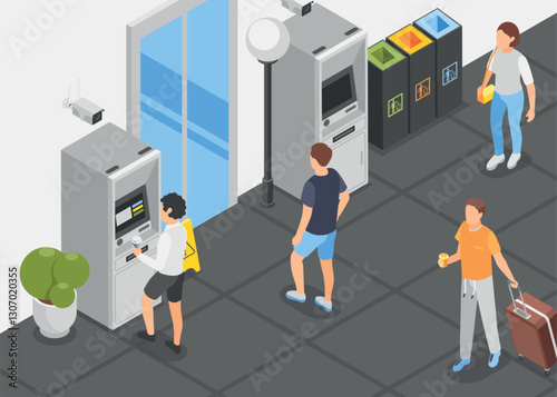 People on street isometric concept. Urban city walkside with atm, garbage cans, ctv cameras. Bank building, people with coffee and baggage, vector scene