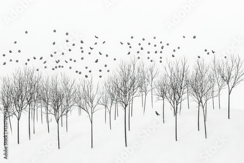 A field of snow-covered bushes where tiny birds flit between branches.