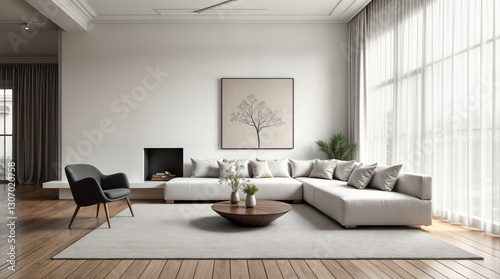 A living room with a white couch and a black chair