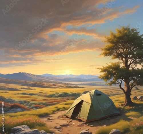 Illustration of camping with tant and wild landcape.
