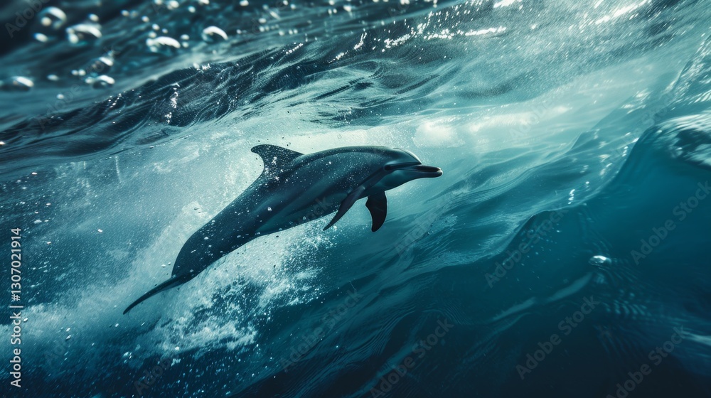 Fototapeta premium Dolphin Joyfully Leaping Through Sparkling Ocean Waters
