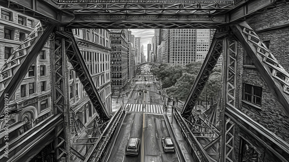 Fototapeta premium Monochrome city street viewed from elevated bridge, traffic below, skyscrapers in background, urban landscape design