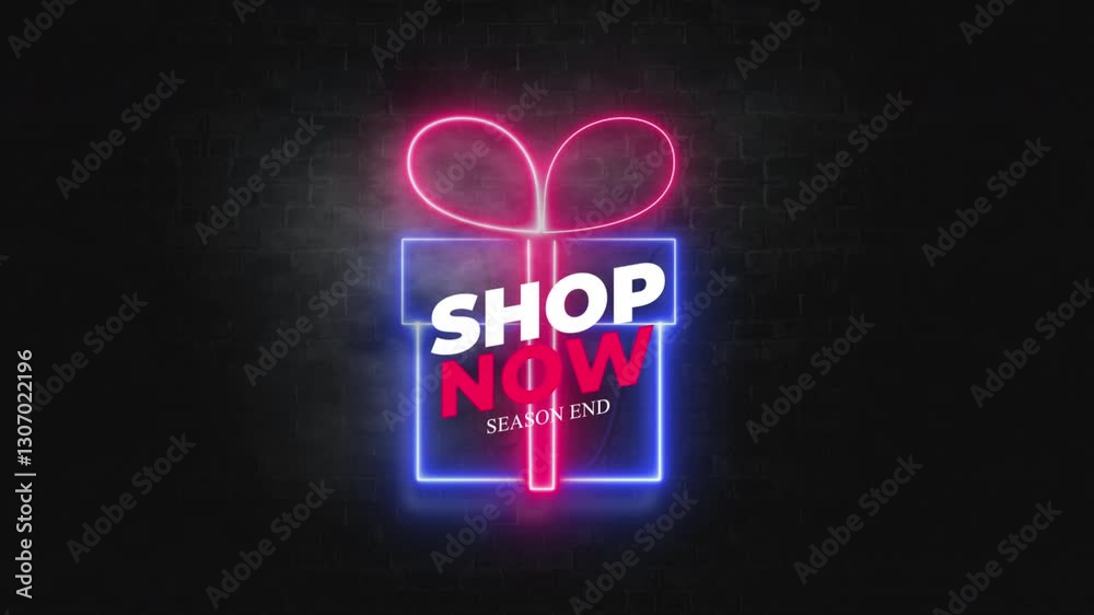 A glowing neon sign shaped like a gift box, with 