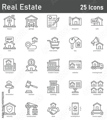 Real Estate Line Icons Set. Collection of 25 outline icons representing properties, real estate transactions, homes, and buildings. Editable stroke vector illustration.