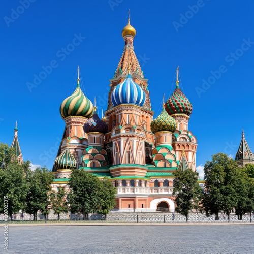 St. Basil's Cathedral with colorful domes under a clear blue sky.
