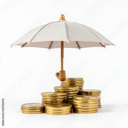 Stacks of coins under an umbrella. Concept of business protection and security