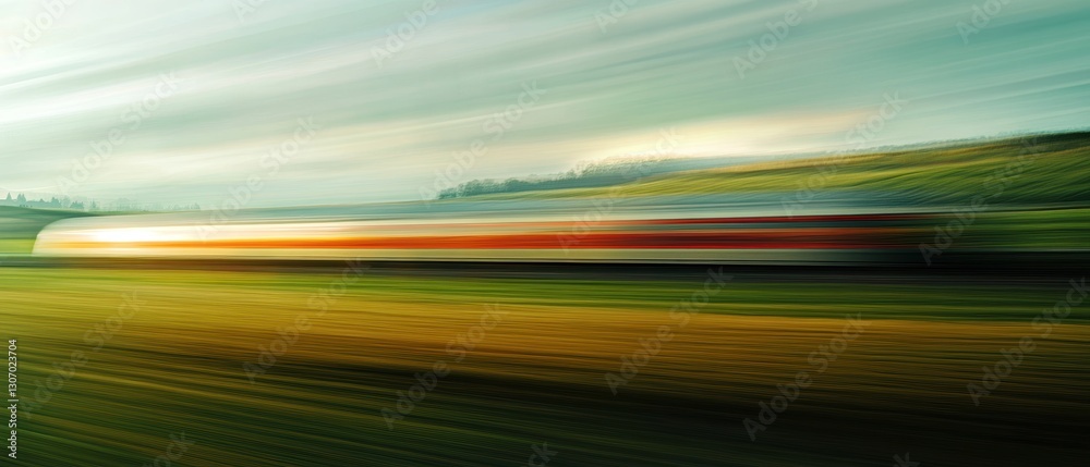 High-Speed Train Blurring Motion Through Green Landscape Under Dramatic Sky During Daytime Photography High-Speed Train Blurring Motion Through Green Landscape Under Dramatic Sky During Daytime Photography