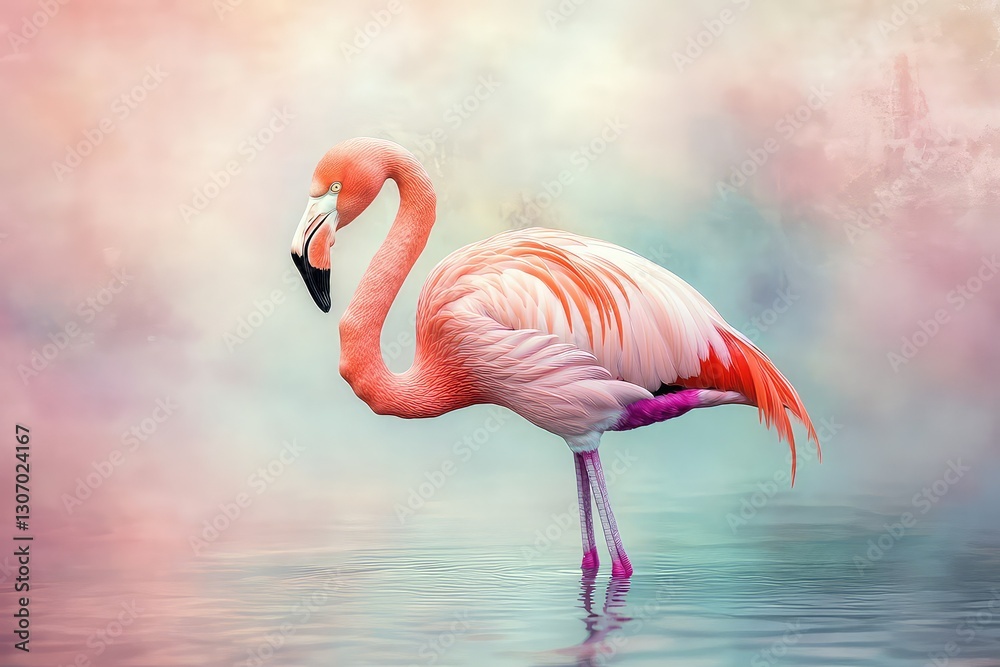 Fototapeta premium A flamingo in soft pastel colors, standing delicately in the water.