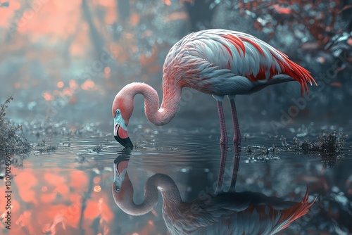 A flamingo looking down at its own reflection, appearing introspective.