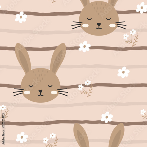 Minimalist Scandinavian-style seamless bunny pattern in neutral beige and brown tones, vector illustration, ideal for baby products, wallpaper, and delicate fabric prints