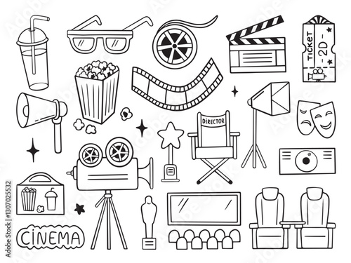 Doodle cinema elements. Movie film tape, popcorn basket, clapperboard. Shooting process sketch, theater entertainment symbols neoteric vector set