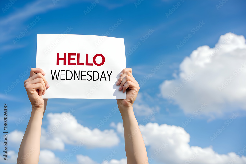Hands holding a bold Hello Wednesday sign against a bright blue sky with fluffy white clouds in the background Hands holding a bold Hello Wednesday sign against a bright blue sky with fluffy white clouds in the background