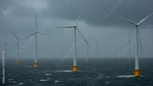 Offshore wind turbines harness renewable energy, representing sustainable technology in a stormy marine environment
