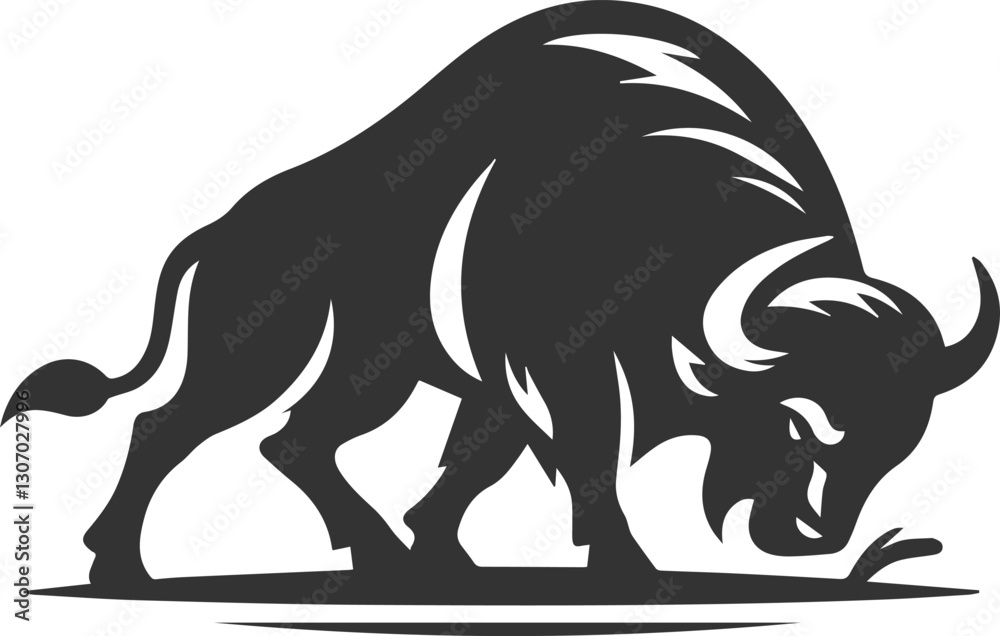 Obraz premium Buffalo in a defensive stance and hooves digging into the ground animal vector silhouette