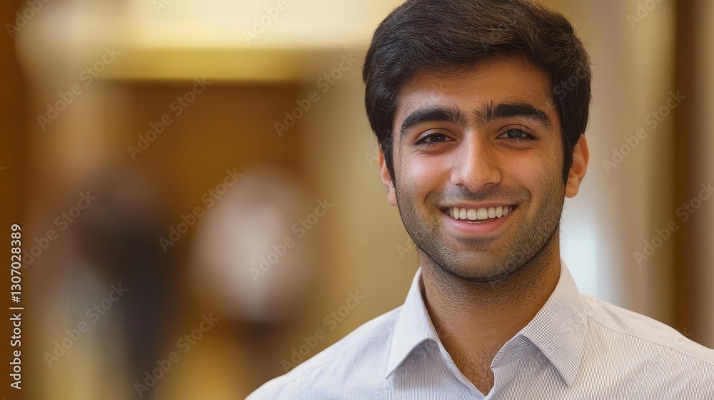 Fototapeta premium Young Man with Warm Smile Posing in a Bright Environment