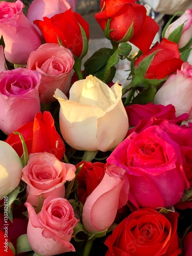 Bouquet of red, white roses. Clustered roses suggest a theme of love.