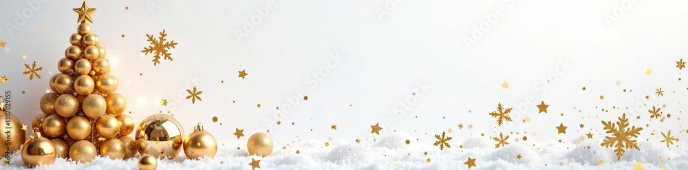 Ornate gold Christmas tree, bells, and snowflake designs on white backdrop , holiday decor, gold, white background Ornate gold Christmas tree, bells, and snowflake designs on white backdrop , holiday decor, gold, white background