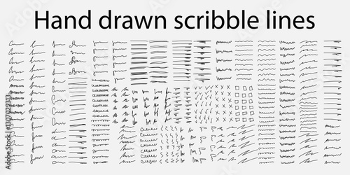 Set of hand drawn line borders, scribble strokes, handwritten font and design elements isolated on white. Doodle style brushes. Monochrome vector eps8 illustration.