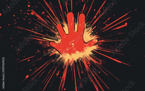 Red hand exploding in dark cosmic background