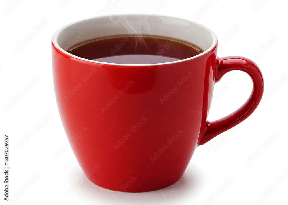 Fresh aromatic coffee in red mug isolated on white. Red ceramic cup with hot aromatic coffee. Coffee shop signboard, invitation card, poster or banner idea. Fresh aromatic coffee in red mug isolated on white. Red ceramic cup with hot aromatic coffee. Coffee shop signboard, invitation card, poster or banner idea.