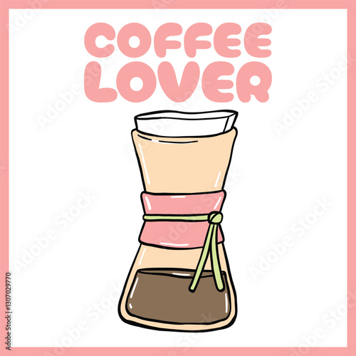 Adorable digital illustration of a Chemex coffee maker with pastel colors, filter paper, and a stylish ribbon, perfect for coffee lovers, Vector