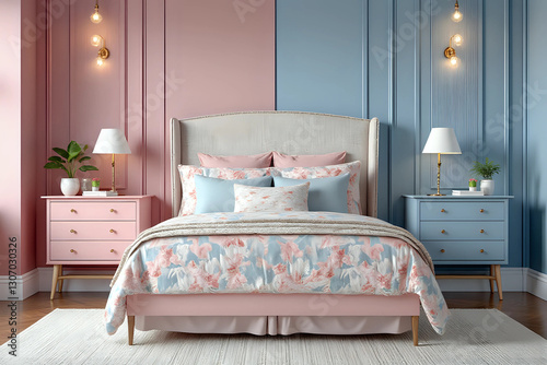 Patterned bed with headboard between pink and blue cabinet in bedroom interior with poster photo
